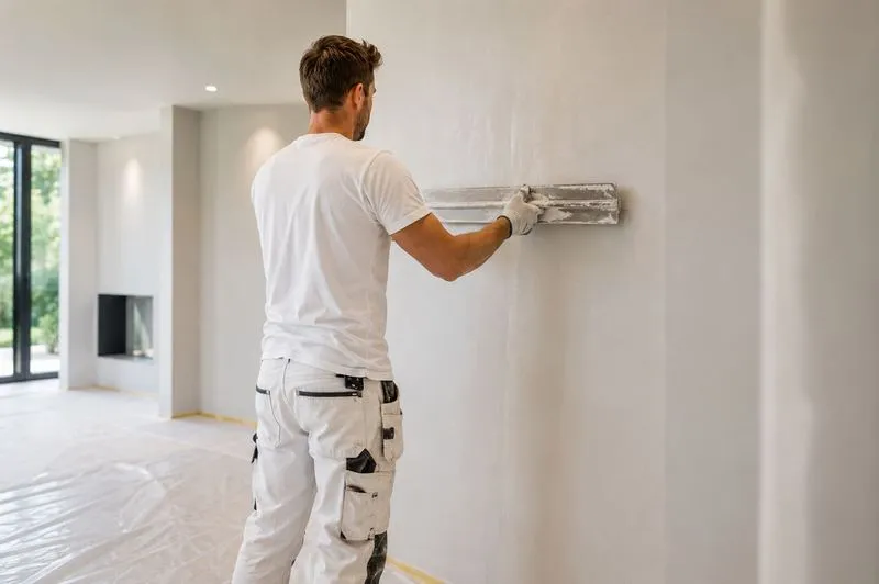 Stukadoor brengt sausklaar stucwerk aan op een wand