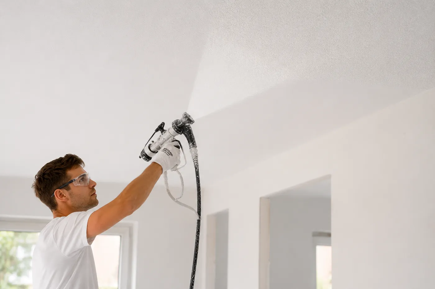 Stukadoor spuit spack op een plafond